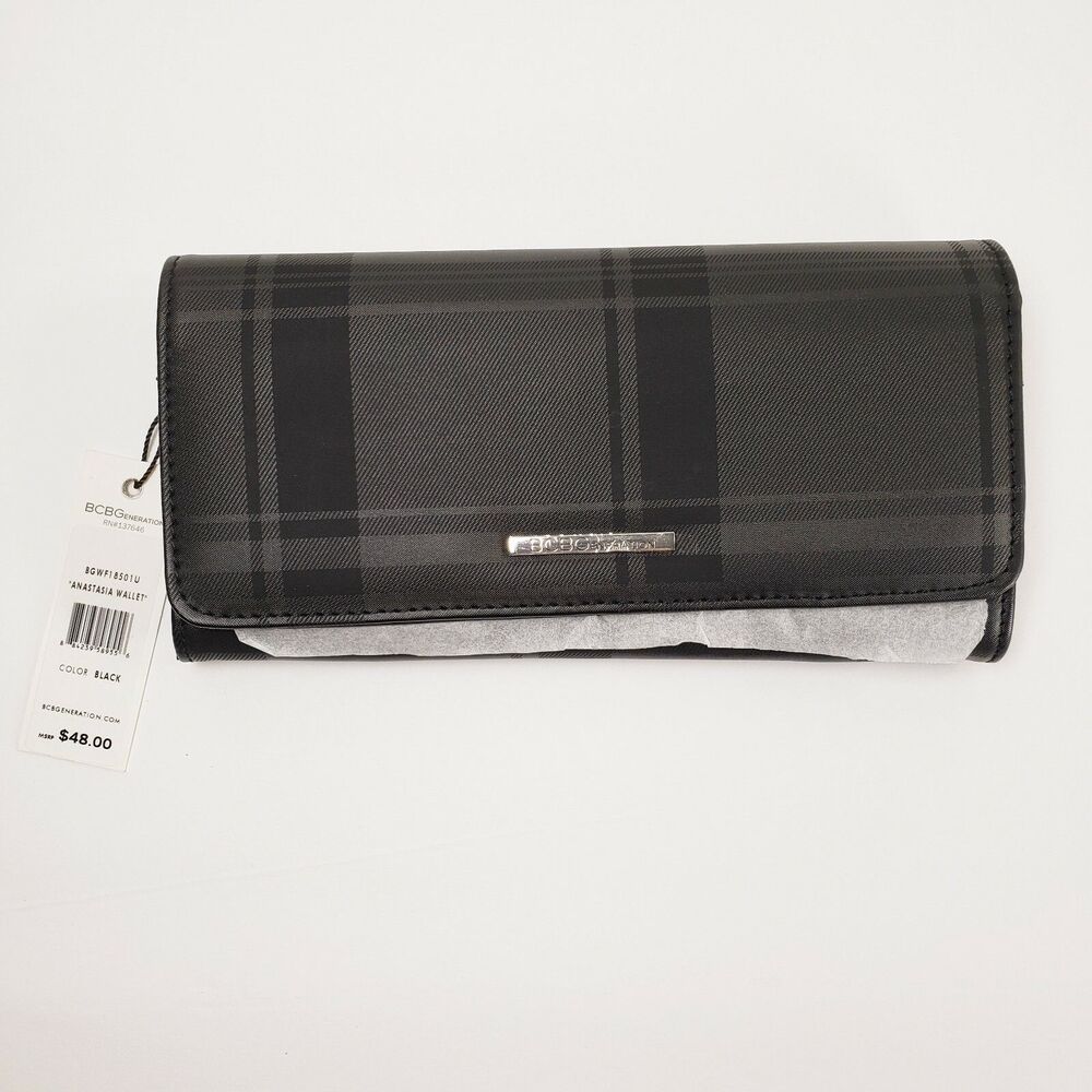 BCBGeneration Anastasia Wallet Black Plaid Credit Card Holder Checkbook Snap